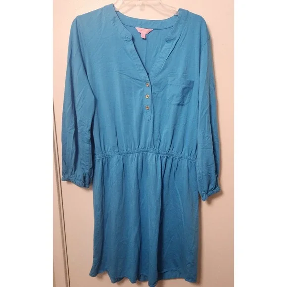 Lilly Pulitzer Womens Pima Cotton XL Blue V-Neck Long Sleeve Elastic Waist Dress - Picture 2 of 13
